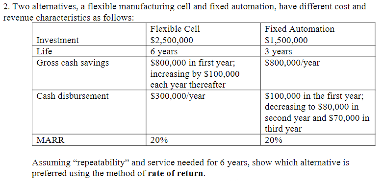 2. Two alternatives, a flexible manufacturing cell and fixed automation, have different cost and
revenue characteristics as follows:
Flexible Cell
Fixed Automation
Investment
S2,500,000
б уears
S800,000 in first year;
increasing by $100,000
each year thereafter
$300,000/year
$1,500,000
3 years
S800,000/year
Life
Gross cash savings
s100,000 in the first year;
decreasing to S80,000 in
second year and S70,000 in
third year
Cash disbursement
MARR
20%
20%
Assuming "repeatability" and service needed for 6 years, show which alternative is
preferred using the method of rate of return.
