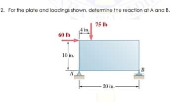2. For the plate and loadings shown, determine the reaction at A and B.
75 Ib
60 Ib
10 in.
B
20 in.
