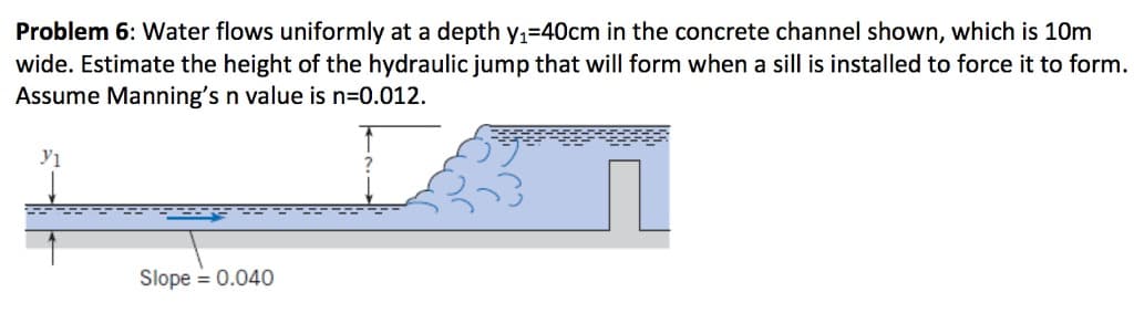 Problem 6: Water flows uniformly at a depth y₁=40cm in the concrete channel shown, which is 10m
wide. Estimate the height of the hydraulic jump that will form when a sill is installed to force it to form.
Assume Manning's n value is n=0.012.
y₁
Slope = 0.040