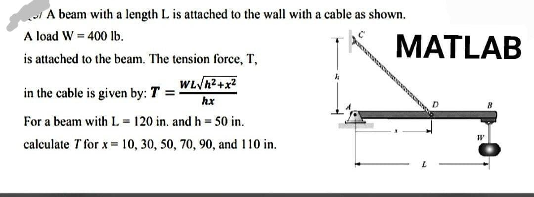 A beam with a length L is attached to the wall with a cable as shown.
A load W = 400 lb.
is attached to the beam. The tension force, T,
k
in the cable is given by: T =
WL√h²+x²
hx
For a beam with L= 120 in. and h = 50 in.
calculate T for x = 10, 30, 50, 70, 90, and 110 in.
MATLAB
D
W