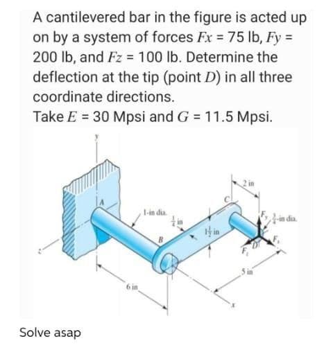 A cantilevered bar in the figure is acted up
on by a system of forces Fx = 75 lb, Fy =
200 lb, and Fz = 100 lb. Determine the
deflection at the tip (point D) in all three
coordinate directions.
Take E = 30 Mpsi and G = 11.5 Mpsi.
1-in dia.
in dia.
Solve asap
