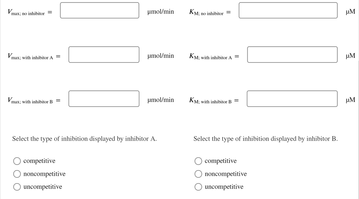 Vmax; no inhibitor =
µmol/min
KM: no inhibitor =
µM
umol/min
KM: with inhibitor A
uM
max; with inhibitor A
umol/min
KM: with inhibitor B
uM
max; with inhibitor B
Select the type of inhibition displayed by inhibitor A.
Select the type of inhibition displayed by inhibitor B.
O competitive
competitive
noncompetitive
noncompetitive
uncompetitive
uncompetitive
