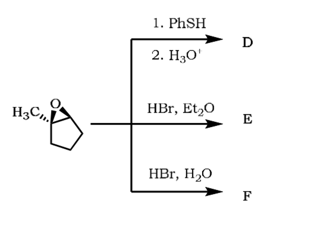 1. PhSH
D
2. H30'
H3C,
HBr, Et,O
E
HBr, H2O
F
