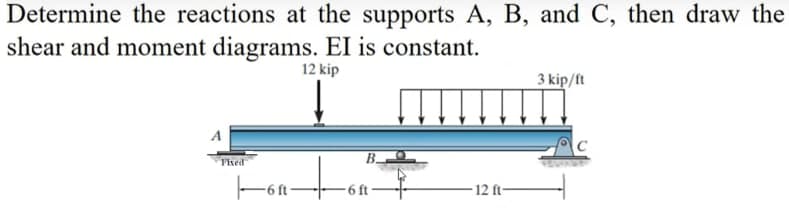 Determine the reactions at the supports A, B, and C, then draw the
shear and moment diagrams. EI is constant.
12 kip
Fixed
6 ft
B_
-6 ft
-12 ft-
3 kip/ft