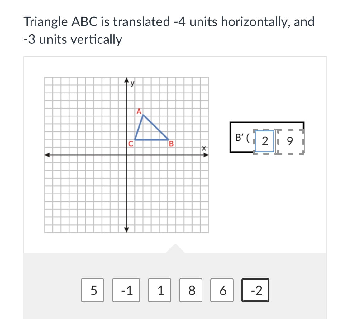 Triangle ABC is translated -4 units horizontally, and
-3 units vertically
A
B' ( 2 | 9
C
5
-1
1
8
-2
