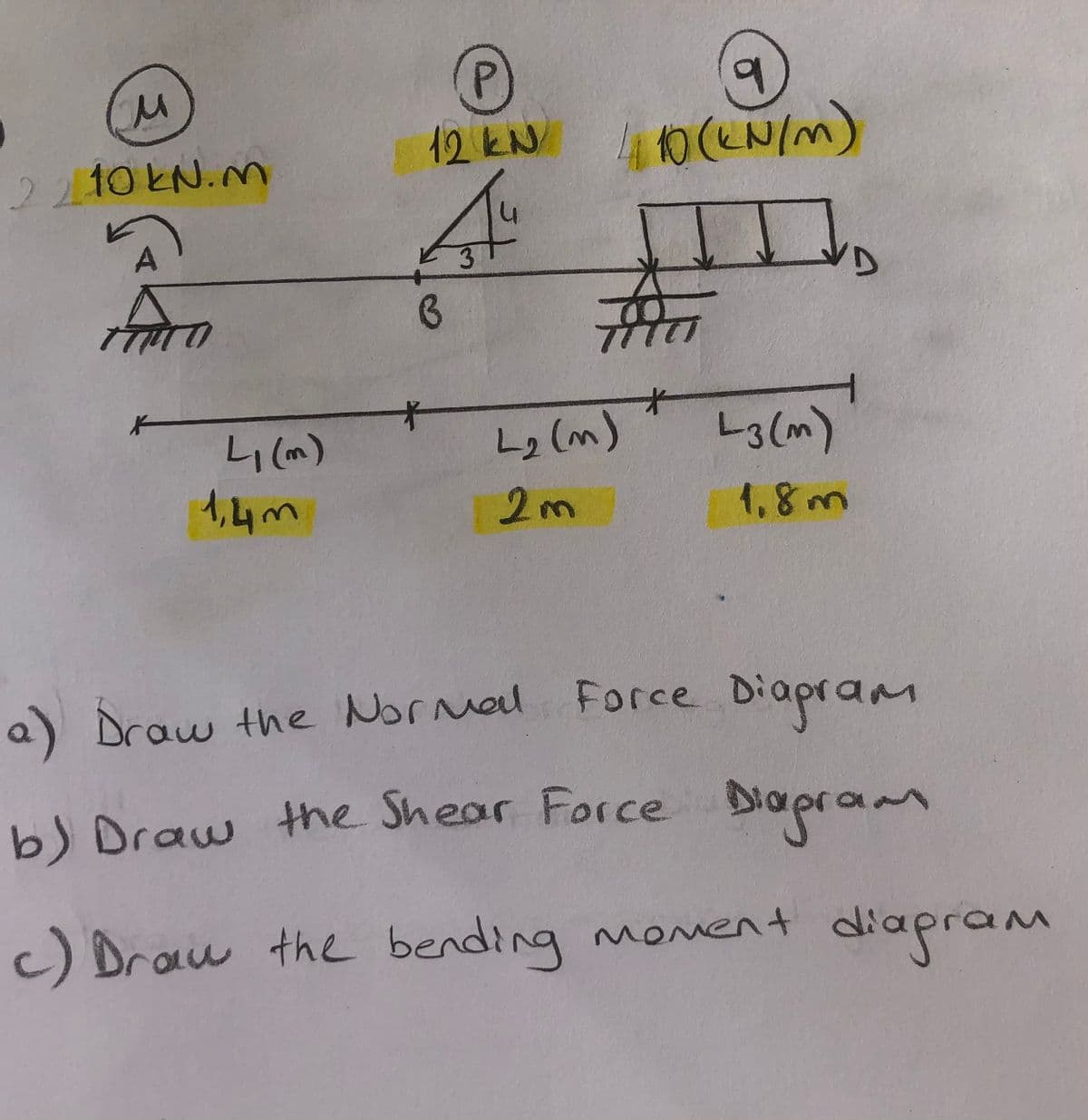b.
410(EN/m)
P.
12KN
2210KN.Mn
L2 (m)
L3(m)
1,4m
a) Draw the Normal Force Diapram
bJ Draw the Shear Force Diapram
Diagre
c) Drau the bending moment
diagr
diapram
