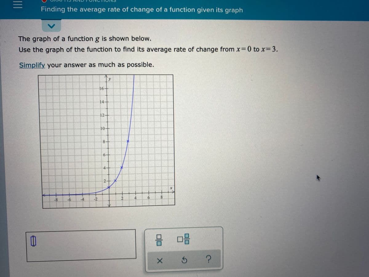 Finding the average rate of change of a function given its graph
The graph of a function g is shown below.
Use the graph of the function to find its average rate of change from x 0 tox= 3.
Simplify your answer as much as possible.
y
16+
14+
12+
10-
4-
-8
-6
-4
-2
4
8.
믐 미음
6.
2.
