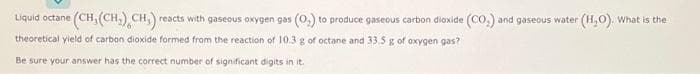 Liquid octane (CH₂(CH₂) CH₂) reacts with gaseous oxygen gas (O₂) to produce gaseous carbon dioxide (CO₂) and gaseous water (H₂O). What is the
theoretical yield of carbon dioxide formed from the reaction of 10.3 g of octane and 33.5 g of oxygen gas?
Be sure your answer has the correct number of significant digits in it.