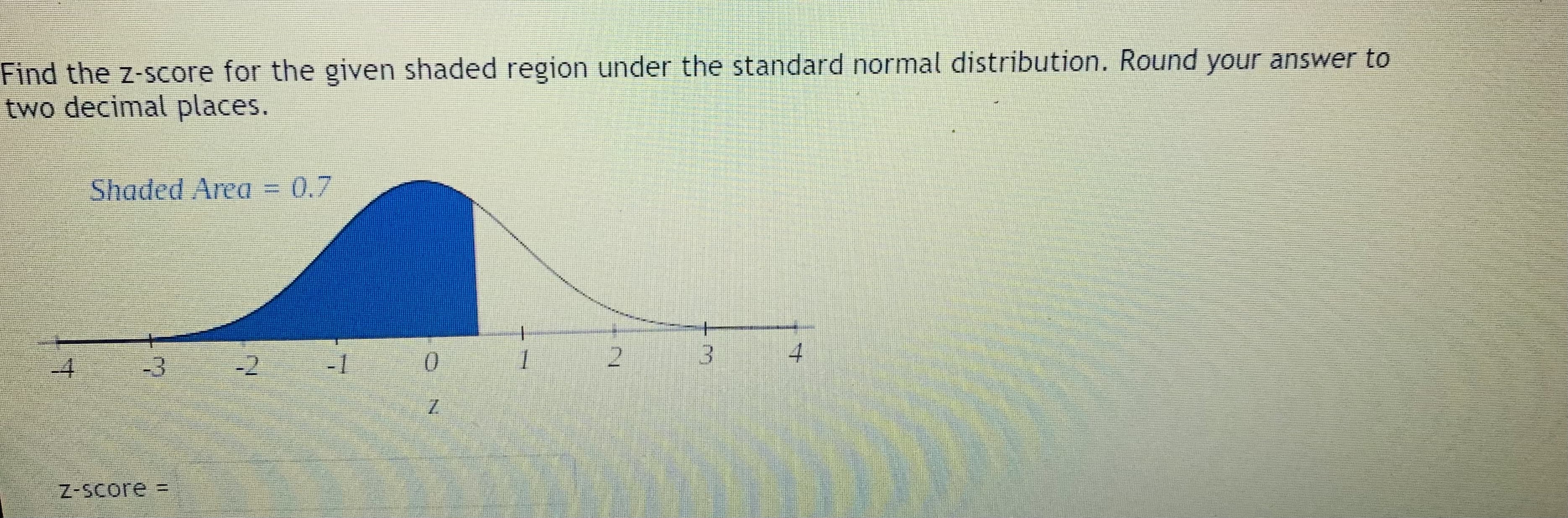 Find the z-score for the given shaded region under the standard normal distribution. Round your answer to
two decimal places.
Shaded Area = 0.7
