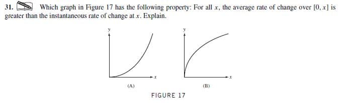 Which graph in Figure 17 has the following property: For all x, the average rate of change over [0, x] is
31.
greater than the instantaneous rate of change at x. Explain.
(A)
(B)
FIGURE 17
