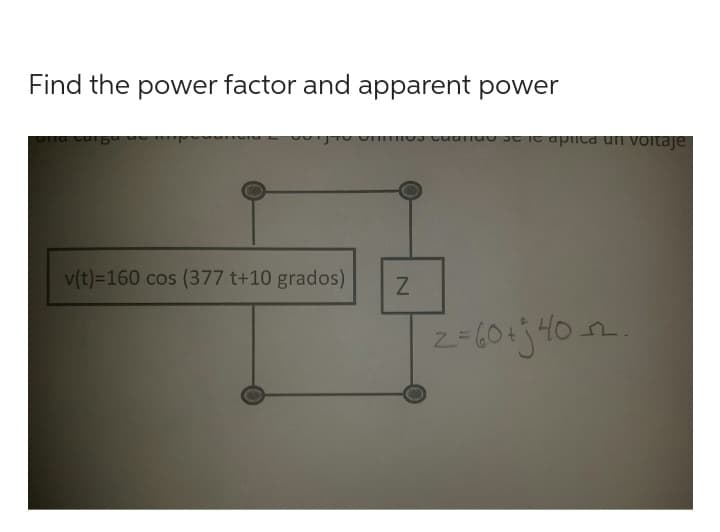 Find the power factor and apparent power
v(t)=160 cos (377 t+10 grados)
Onios cuando se le aplica un voltaje
N
2= 60+ j402.