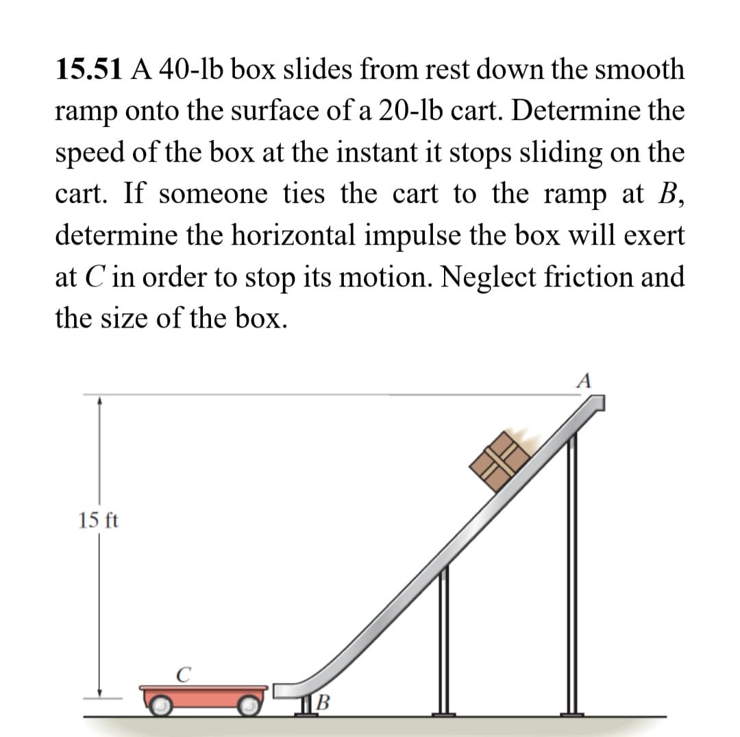 15.51 A 40-lb box slides from rest down the smooth
ramp onto the surface of a 20-lb cart. Determine the
speed of the box at the instant it stops sliding on the
cart. If someone ties the cart to the ramp at B,
determine the horizontal impulse the box will exert
at C in order to stop its motion. Neglect friction and
the size of the box.
15 ft
B
A
