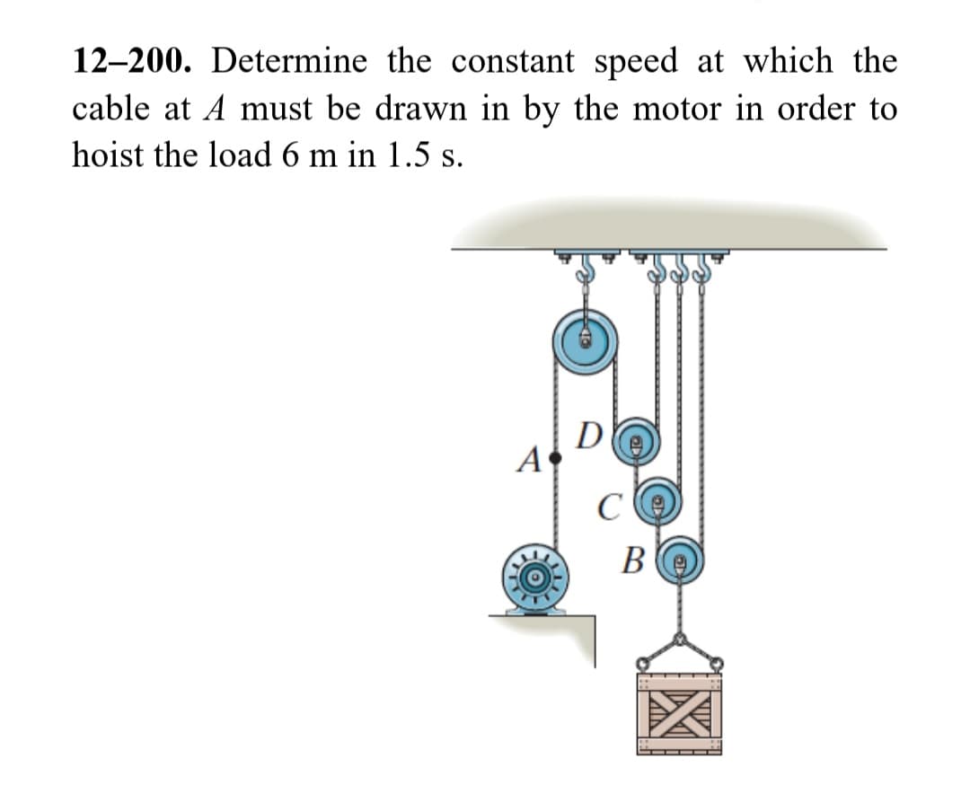 12-200. Determine the constant speed at which the
cable at A must be drawn in by the motor in order to
hoist the load 6 m in 1.5 s.
A
D
C
B
