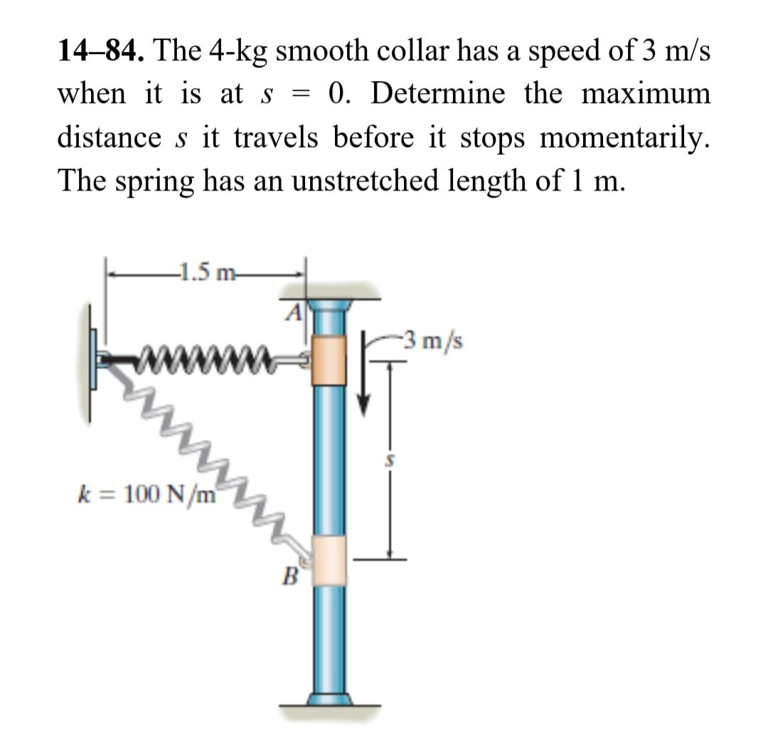 14-84. The 4-kg smooth collar has a speed of 3 m/s
when it is at s = 0. Determine the maximum
distance s it travels before it stops momentarily.
The spring has an unstretched length of 1 m.
-1.5 m-
k = 100 N/m
B
-3 m/s
