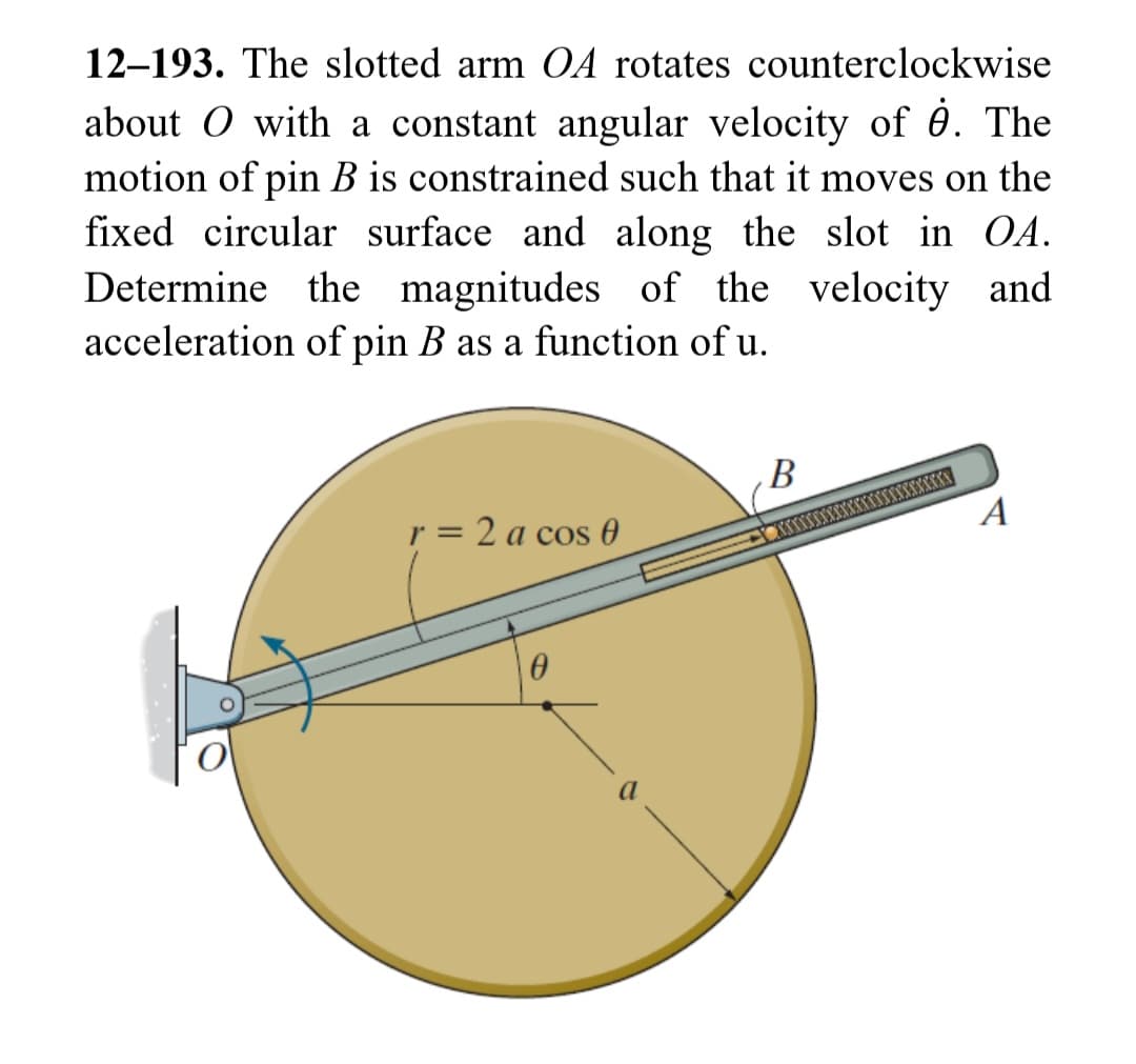 12-193. The slotted arm OA rotates counterclockwise
about O with a constant angular velocity of . The
motion of pin B is constrained such that it moves on the
fixed circular surface and along the slot in OA.
Determine the magnitudes of the velocity and
acceleration
of pin B as a function of u.
r = 2 a cos 0
0
B
A