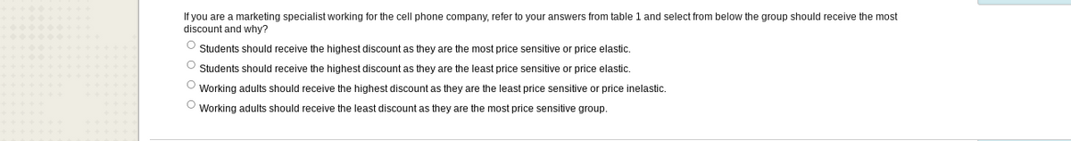 If you are a marketing specialist working for the cell phone company, refer to your answers from table 1 and select from below the group should receive the most
discount and why?
Students should receive the highest discount as they are the most price sensitive or price elastic.
Students should receive the highest discount as they are the least price sensitive or price elastic.
Working adults should receive the highest discount as they are the least price sensitive or price inelastic.
Working adults should receive the least discount as they are the most price sensitive group.
O