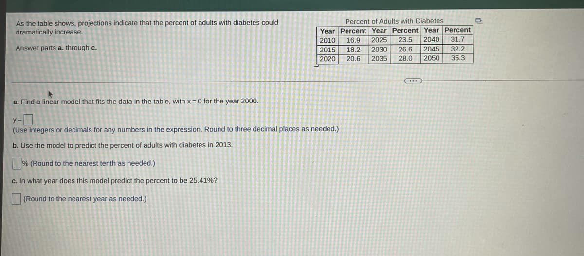 As the table shows, projections indicate that the percent of adults with diabetes could
dramatically increase.
Percent of Adults with Diabetes
Year Percent Year Percent Year Percent
2010
16.9
2025
23.5
2040
31.7
Answer parts a. through c.
2015
18.2
2030
26.6
2045
32.2
2020
20.6
2035
28.0
2050
35.3
a. Find a linear model that fits the data in the table, with x = 0 for the year 2000.
(Use integers or decimals for any numbers in the expression. Round to three decimal places as needed.)
b. Use the model to predict the percent of adults with diabetes in 2013.
% (Round to the nearest tenth as needed.)
c. In what year does this model predict the percent to be 25.41%?
(Round to the nearest year as needed.)
