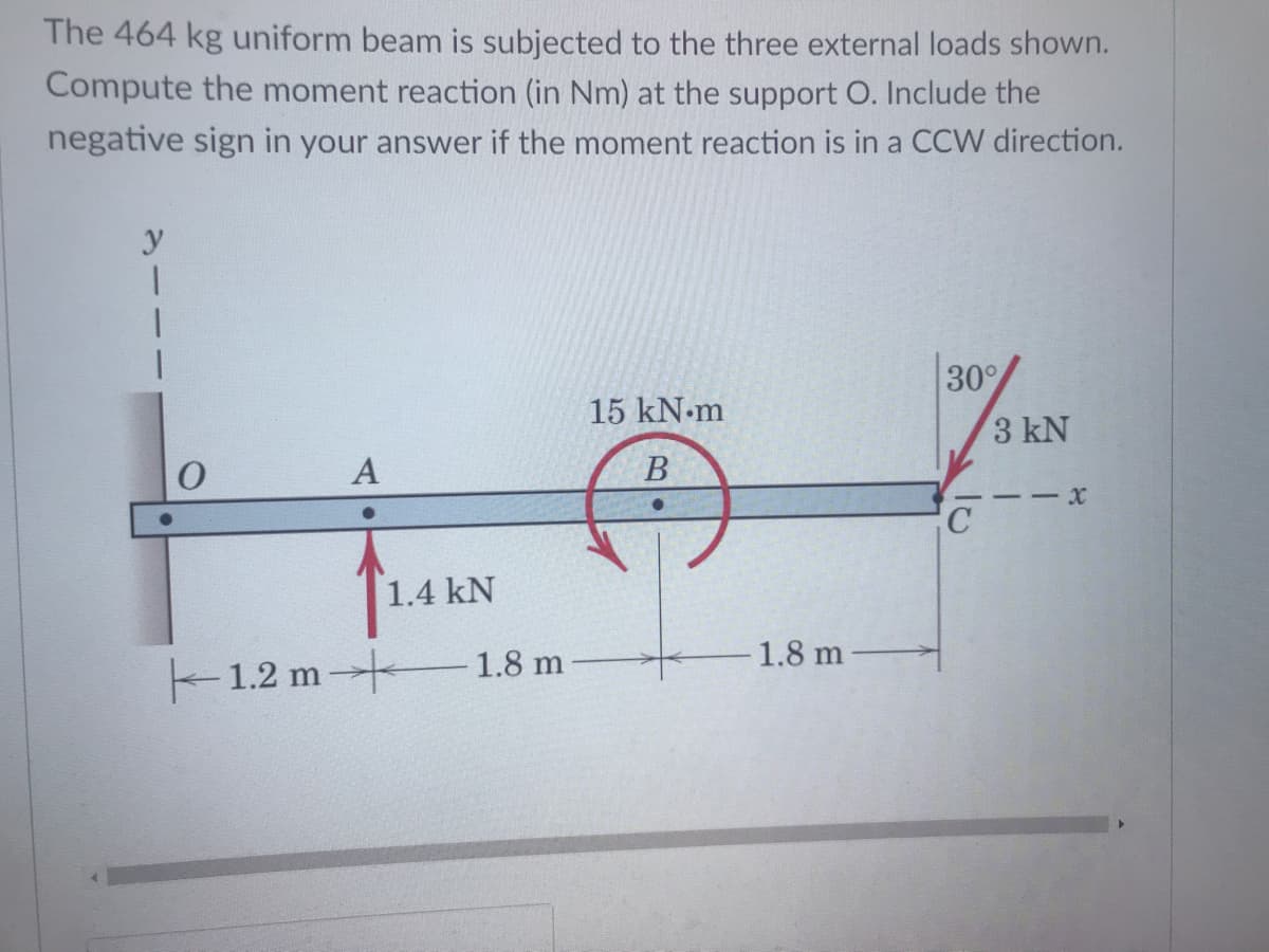 The 464 kg uniform beam is subjected to the three external loads shown.
Compute the moment reaction (in Nm) at the support O. Include the
negative sign in your answer if the moment reaction is in a CCW direction.
y
\30%
15 kN.m
3 kN
A
-- X
1.4 kN
1.8 m
1.8 m-
1.2 m
