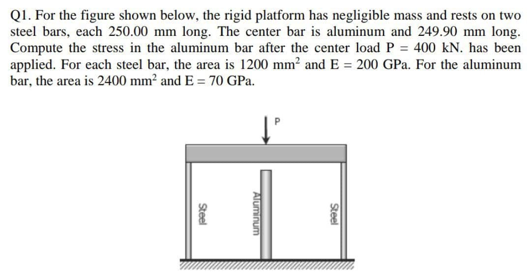 Q1. For the figure shown below, the rigid platform has negligible mass and rests on two
steel bars, each 250.00 mm long. The center bar is aluminum and 249.90 mm long.
Compute the stress in the aluminum bar after the center load P = 400 kN. has been
applied. For each steel bar, the area is 1200 mm2 and E = 200 GPa. For the aluminum
bar, the area is 2400 mm2 and E = 70 GPa.
Steel
Aluminum
Steel
