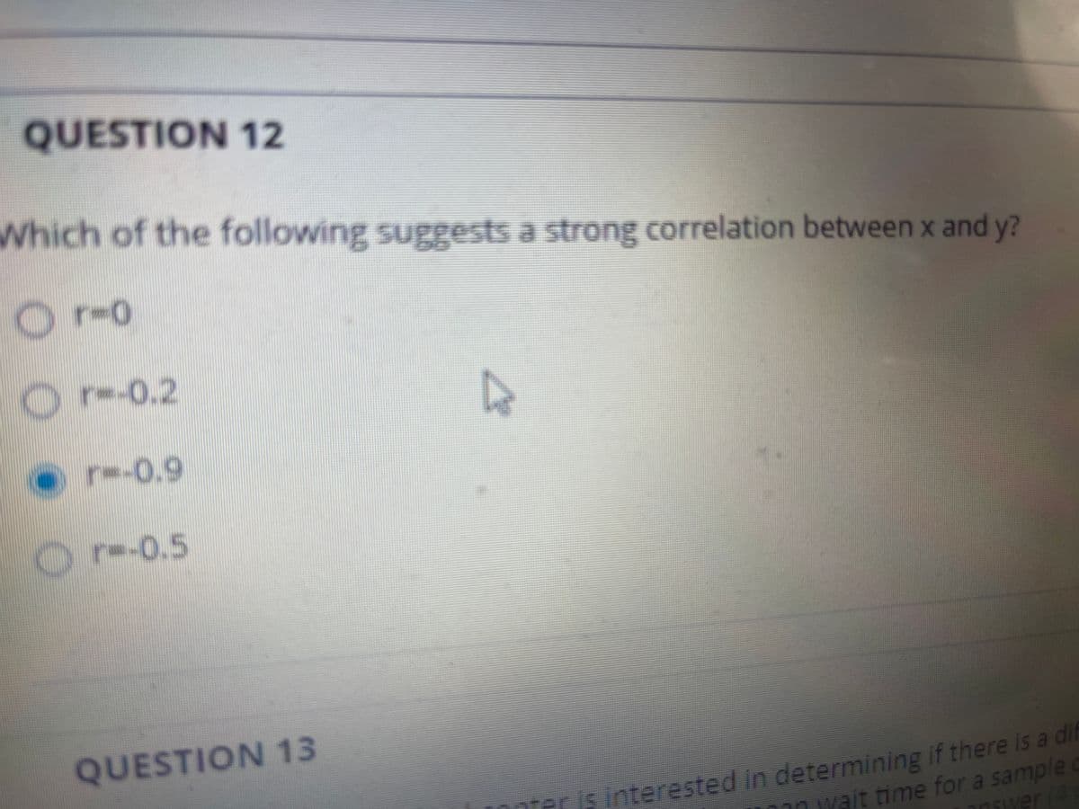 QUESTION 12
Which of the following suggests a strong correlation between x and y?
Or-o
O
re-0.2
0.2
r=-0.9
Or-0.5
QUESTION 13
nter is interested in determining if there is a di
nn wait time for a sample
wer (4
