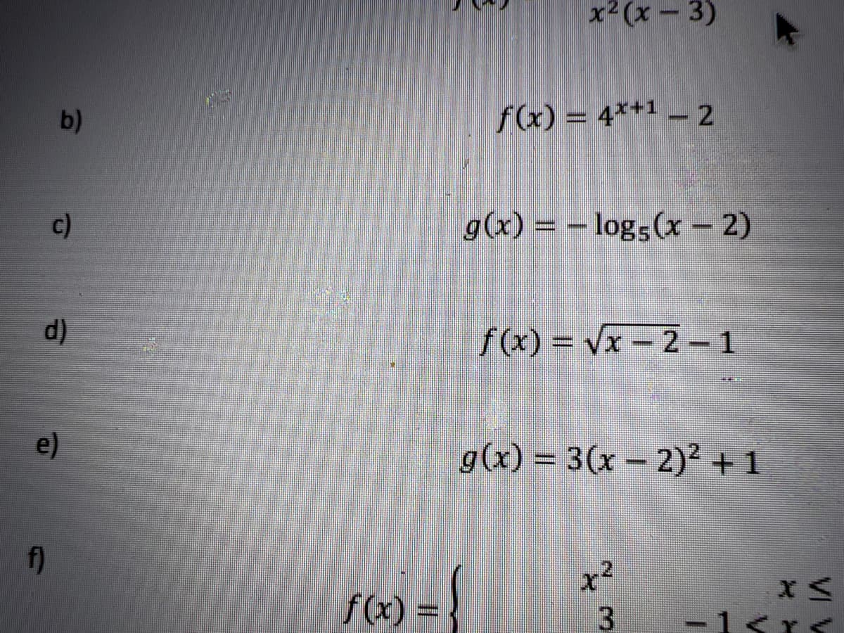 x2(x-3)
b)
f(x) = 4**1 _ 2
c)
g(x) = - logs(x- 2)
d)
f(x) = Vx - 2 1
e)
g(x) = 3(x - 2)² + 1
f)
f(x)
x²
3
-1
