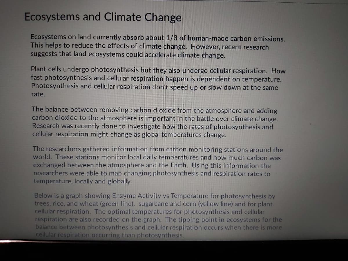 Ecosystems and Climate Change
Ecosystems on land currently absorb about 1/3 of humnan-made carbon emissions.
This helps to reduce the effects of climate change. However, recent research
suggests that land ecosystems could accelerate climate change.
Plant cells undergo photosynthesis but they also undergo cellular respiration. How
fast photosynthesis and cellular respiration happen is dependent on temperature.
Photosynthesis and cellular respiration don't speed up or slow down at the same
rate.
The balance between removing carbon dioxide from the atmosphere and adding
carbon dioxide to the atmosphere is important in the battle over climate change.
Research was recently done to investigate how the rates of photosynthesis and
cellular respiration might change as global temperatures change.
The researchers gathered information from carbon monitoring stations around the
world. These stations monitor local daily temperatures and how much carbon was
exchanged between the atmosphere and the Earth. Using this information the
researchers were able to map changing photosynthesis and respiration rates to
temperature, locally and globally.
Below is a graph showing Enzyme Activity vs Temperature for photosynthesis by
trees, rice, and wheat (green line), sugarcane and corn (yellow line) and for plant
cellular respiration. The optimal temperatures for photosynthesis and cellular
respiration are also recorded on the graph. The tipping point in ecosystems for the
balance between photosynthesis and cellular respiration occurs when there is more
cellular respiration occurring than photosynthesis.
