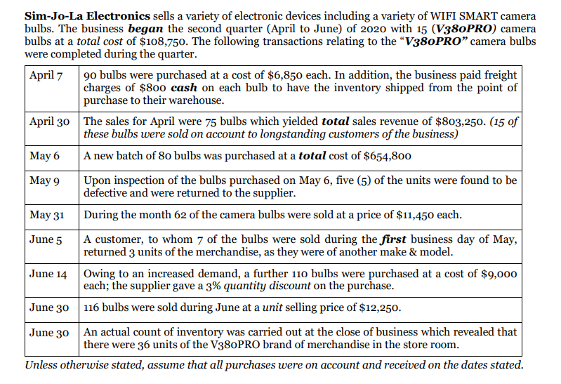 Sim-Jo-La Electronics sells a variety of electronic devices including a variety of WIFI SMART camera
bulbs. The business began the second quarter (April to June) of 2020 with 15 (V380PRO) camera
bulbs at a total cost of $108,750. The following transactions relating to the “V380PRO" camera bulbs
were completed during the quarter.
|April 7
90 bulbs were purchased at a cost of $6,850 each. In addition, the business paid freight
charges of $800 cash on each bulb to have the inventory shipped from the point of
purchase to their warehouse.
April 30 The sales for April were 75 bulbs which yielded total sales revenue of $803,250. (15 of
these bulbs were sold on account to longstanding customers of the business)
Мaу 6
A new batch of 8o bulbs was purchased at a total cost of $654,800
|Мay 9
Upon inspection of the bulbs purchased on May 6, five (5) of the units were found to be
defective and were returned to the supplier.
Maу 31
During the month 62 of the camera bulbs were sold at a price of $11,450 each.
June 5
A customer, to whom 7 of the bulbs were sold during the first business day of May,
returned 3 units of the merchandise, as they were of another make & model.
June 14
Owing to an increased demand, a further 110 bulbs were purchased at a cost of $9,000
each; the supplier gave a 3% quantity discount on the purchase.
June 30 116 bulbs were sold during June at a unit selling price of $12,250.
June 30 An actual count of inventory was carried out at the close of business which revealed that
there were 36 units of the V380PRO brand of merchandise in the store room.
Unless otherwise stated, assume that all purchases were on account and received on the dates stated.
