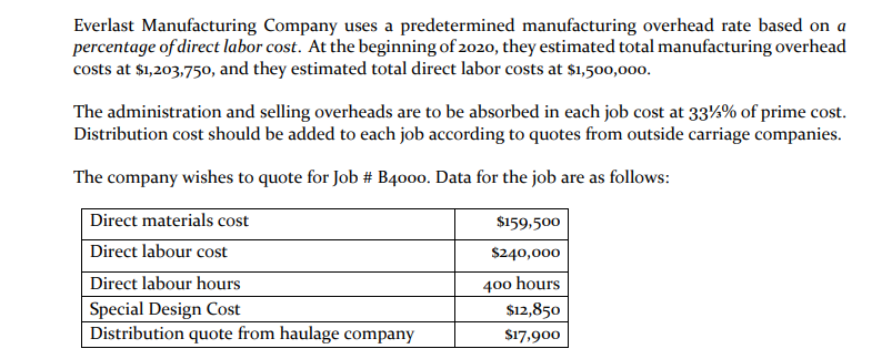 Everlast Manufacturing Company uses a predetermined manufacturing overhead rate based on a
percentage of direct labor cost. At the beginning of 2020, they estimated total manufacturing overhead
costs at $1,203,750, and they estimated total direct labor costs at $1,500,00o.
The administration and selling overheads are to be absorbed in each job cost at 33%% of prime cost.
Distribution cost should be added to each job according to quotes from outside carriage companies.
The company wishes to quote for Job # B4000. Data for the job are as follows:
Direct materials cost
$159,500
Direct labour cost
$240,000
400 hours
$12,850
Direct labour hours
Special Design Cost
Distribution quote from haulage company
$17,900
