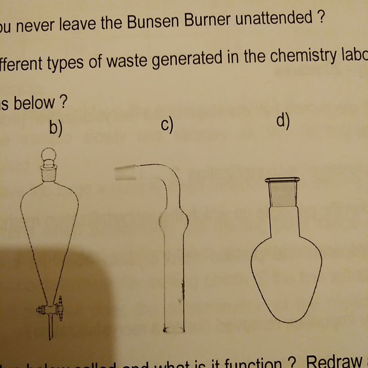 ou never leave the Bunsen Burner unattended ?
fferent types of waste generated in the chemistry labo
s below?
b)
d)
ad what is it function? Redraw