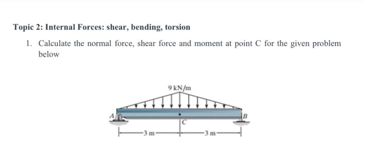Topic 2: Internal Forces: shear, bending, torsion
1. Calculate the normal force, shear force and moment at point C for the given problem
below
9 kN/m
B
-3 m