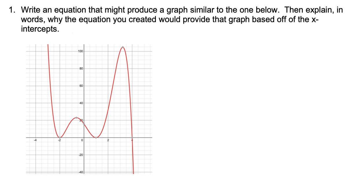 1. Write an equation that might produce a graph similar to the one below. Then explain, in
words, why the equation you created would provide that graph based off of the x-
intercepts.
100
80
60
40
-20
-40
