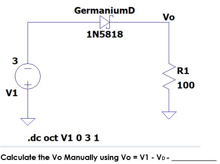 GermaniumD
Vo
1N5818
R1
100
V1
.dc oct V1 031
Calculate the Vo Manually using Vo = V1 - VD-
3.

