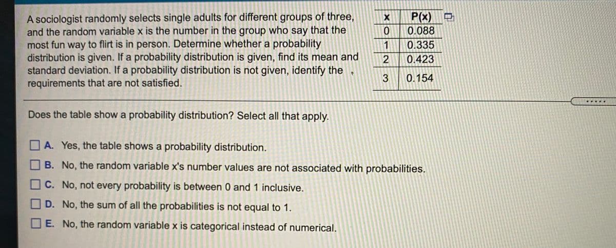 P(x)
0.088
A sociologist randomly selects single adults for different groups of three,
and the random variable x is the number in the group who say that the
most fun way to flirt is in person. Determine whether a probability
distribution is given. If a probability distribution is given, find its mean and
standard deviation. If a probability distribution is not given, identify the
requirements that are not satisfied.
1
0.335
0.423
0.154
Does the table show a probability distribution? Select all that apply.
A. Yes, the table shows a probability distribution.
B. No, the random variable x's number values are not associated with probabilities.
C. No, not every probability is between 0 and 1 inclusive.
D. No, the sum of all the probabilities is not equal to 1.
E. No, the random variable x is categorical instead of numerical.
中
2.
3.
