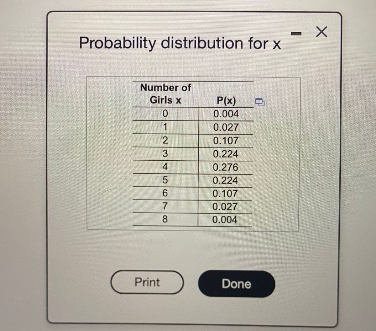 Probability distribution for x
Number of
Girls x
P(x)
0.004
0.027
0.107
0.224
0.
0.276
0.224
9.
0.107
7
0.027
8.
0.004
(Print
Done
123 456O
