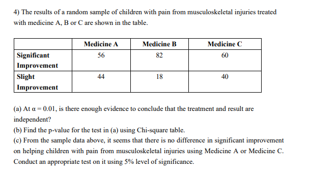 4) The results of a random sample of children with pain from musculoskeletal injuries treated
with medicine A, B or C are shown in the table.
Medicine A
Medicine B
Medicine C
Significant
56
82
60
Improvement
Slight
44
18
40
Improvement
(a) At a = 0.01, is there enough evidence to conclude that the treatment and result are
independent?
(b) Find the p-value for the test in (a) using Chi-square table.
(c) From the sample data above, it seems that there is no difference in significant improvement
on helping children with pain from musculoskeletal injuries using Medicine A or Medicine C.
Conduct an appropriate test on it using 5% level of significance.

