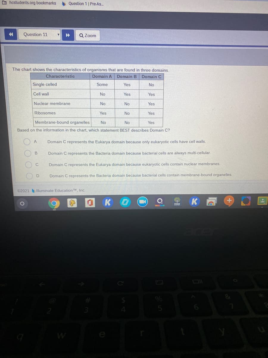 O hcstudents.org bookmarks
Question 1 | Pre-As.
Question 11
Q Zoom
The chart shows the characteristics of organisms that are found in three domains.
Characteristic
Domain A Domain B Domain C
Single celled
Some
Yes
No
Cell wall
No
Yes
Yes
Nuclear membrane
No
No
Yes
Ribosomes
Yes
No
Yes
Membrane-bound organelles
No
No
Yes
Based on the information in the chart, which statement BEST describes Domain C?
Domain C represents the Eukarya domain because only eukaryotic cells have cell walls.
B
Domain C represents the Bacteria domain because bacterial cells are always multi-cellular.
C
Domain C represents the Eukarya domain because eukaryotic cells contain nuclear membranes.
Domain C represents the Bacteria domain because bacterial cells contain membrane-bound organelles.
©2021 Illuminate Education TM Inc.
acer

