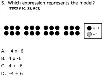 5. Which expression represents the model?
(TEKS 6.3C, SS, RC2)
= -1
А. -4 x -6
В. 4x -6
С. 4 + -6
D. -4 + 6

