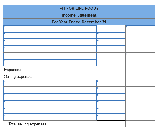 Expenses
Selling expenses
Total selling expenses
FIT-FOR-LIFE FOODS
Income Statement
For Year Ended December 31