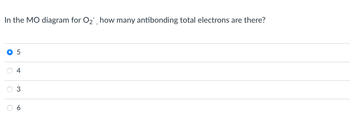 In the MO diagram for O2, how many antibonding total electrons are there?
4
3
6
