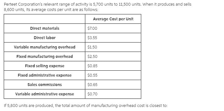 Perteet Corporation's relevant range of activity is 5,700 units to 11,500 units. When it produces and sells
8,600 units, its average costs per unit are as follows:
Average Cost per Unit
Direct materlals
$7.00
Direct labor
$3.55
Varlable manufacturlng overhead
$1.50
Flxed manufacturlng overhead
$2.50
Flxed selling expense
$0.85
Flxed administratlve expense
$0.55
Sales commlsslons
$0.65
Varlable admlnistrative expense
$0.70
If 5,800 units are produced, the total amount of manufacturing overhead cost is closest to:
