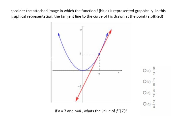 consider the attached image in which the function f (blue) is represented graphically. In this
graphical representation, the tangent line to the curve of f is drawn at the point (a,b)(Red)
y
a
O a) /
O b)
Oc) /
if a 7 and b=4, whats the value of f'(7)?
e