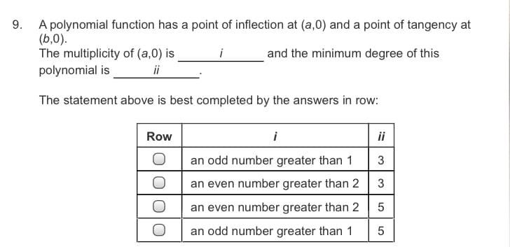 9. A polynomial function has a point of inflection at (a,0) and a point of tangency at
(b,0).
The multiplicity of (a,0) is
polynomial is
i
and the minimum degree of this
ii
The statement above is best completed by the answers in row:
Row
i
ii
an odd number greater than 1
3
an even number greater than 2
3
an even number greater than 2
an odd number greater than 1
