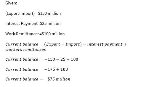 Given:
(Export-Import) =$150 million
Interest Payment=$25 million
Work Remittances=$100 million
Current balance = (Export – Import) – interest payment +
workers remitances
Current balance = -150 – 25 + 100
Current balance = -175 + 100
Current balance = -$75 million
