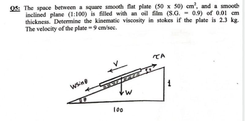 Q5: The space between a square smooth flat plate (50 x 50) cm², and a smooth
inclined plane (1:100) is filled with an oil film (S.G.= 0.9) of 0.01 cm
thickness. Determine the kinematic viscosity in stokes if the plate is 2.3 kg.
The velocity of the plate=9 cm/sec.
CA
wsing
VW
100
1