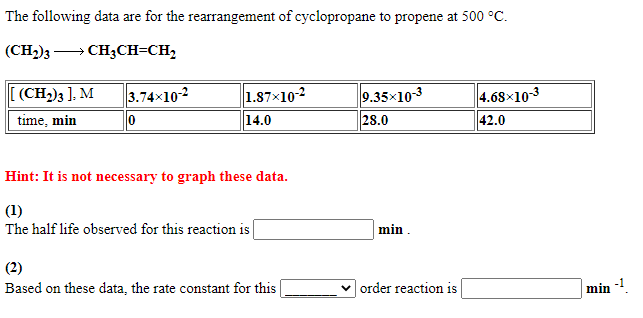 The following data are for the rearrangement of cyclopropane to propene at 500 °C.
(CH))3 → CH3CH=CH,
(CH)3 ], M
9.35x10-3
28.0
3.74x10-2
1.87×10-2
14.0
4.68×10-3
time, min
42.0
Hint: It is not necessary to graph these data.
(1)
The half life observed for this reaction is
min .
(2)
Based on these data, the rate constant for this
order reaction is
min
-1
