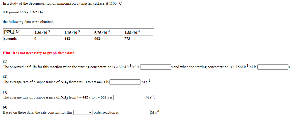 In a study of the decomposition of ammonia on a tungsten surface at 1100 °C
NH31/2 N2 + 3/2 H,
the following data were obtained:
[NH3], M
5.75x10-4
662
2.88×10-4
773
2.30x10-3
1.15x103
seconds
442
Hint: It is not necessary to graph these data.
(1)
The observed half life for this reaction when the starting concentration is 2.30×103 M is
s and when the starting concentration is 1.15x10-3 M is
(2)
The average rate of disappearance of NH3 from t=0 s to t= 442 s is
|Ms.
(3)
The average rate of disappearance of NH3 from t= 442 s to t= 662 s is
]Ms!
(4)
Based on these data, the rate constant for this
order reaction is
Ms
