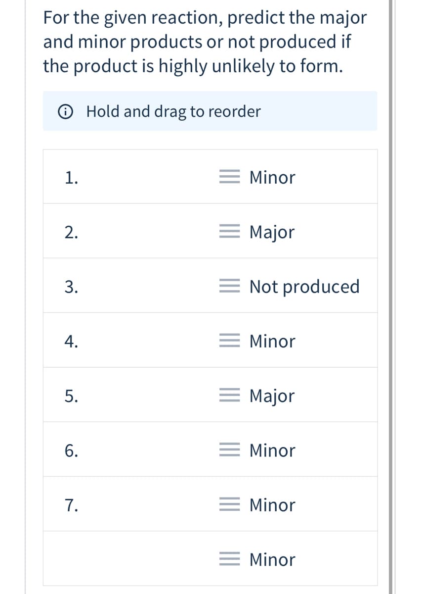 For the given reaction, predict the major
and minor products or not produced if
the product is highly unlikely to form.
O Hold and drag to reorder
1.
= Minor
2.
= Major
= Not produced
= Minor
5.
= Major
= Minor
7.
= Minor
= Minor
3.
4.
6.
