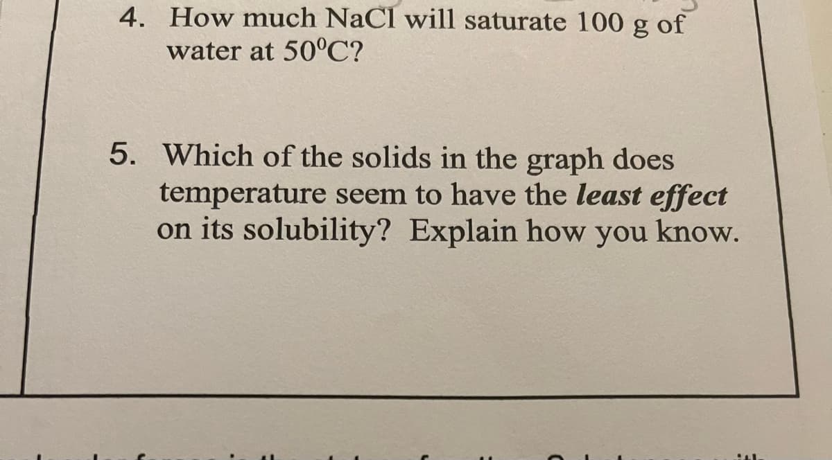 4. How much NaCl will saturate 100 g of
water at 50C?
5. Which of the solids in the graph does
temperature seem to have the least effect
on its solubility? Explain how you know.
