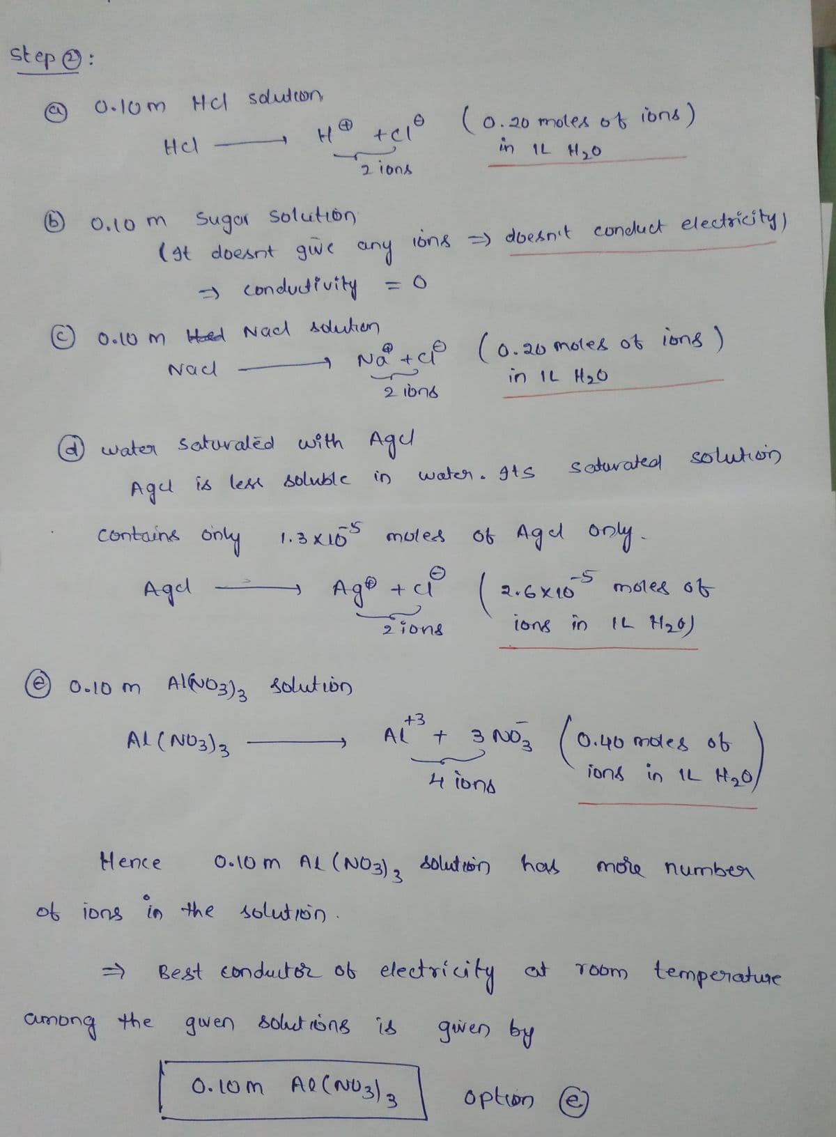 step :
0.10m Hcl solution,
Hel
0.10 m Sugar solution
H@ +Clº
2 ions
(It doesn't give any
⇒
0.10 m Hald Nacl solution
Nad
Agu
contains only
Agd
among the
conductivity = 0
water saturated with Agul
is less soluble in
Hence
of ions in the
-5
1.3X10
0.10 m Al(NO3)3 solution
Al (NO3)3
Q
Na² +² (0.20 moles of ions)
in 12 H₂O
2 1078
ions =) doesn't conduct electricity)
mules
(0.20 moles of ions)
in 1L H₂0
AL
water. Its
Ag® + ² (
2 ions
+3
0.10m Al(NO3)3
of Age only.
0.10m Al (NO3)3 solution
solution.
+ 3 NO3
4 ions
saturated
2.6×10
ions in
has
Best conductor of electricity at
given solutions is
given by
-5
solution
moles of
IL M1₂0)
0.40 moles of
ions in 1L H₂O/
option e)
more number
room temperature