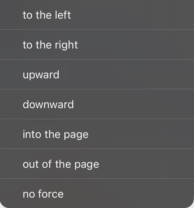 to the left
to the right
upward
downward
into the page
out of the page
no force